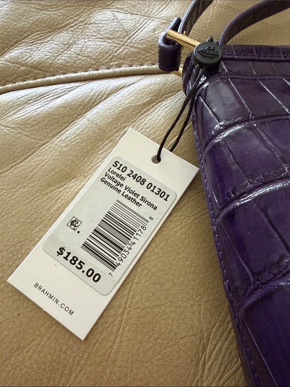 Brahmin Deep Purple Croc-Embossed Leather Wristlet with Gold Plate - Picture 2 of 4